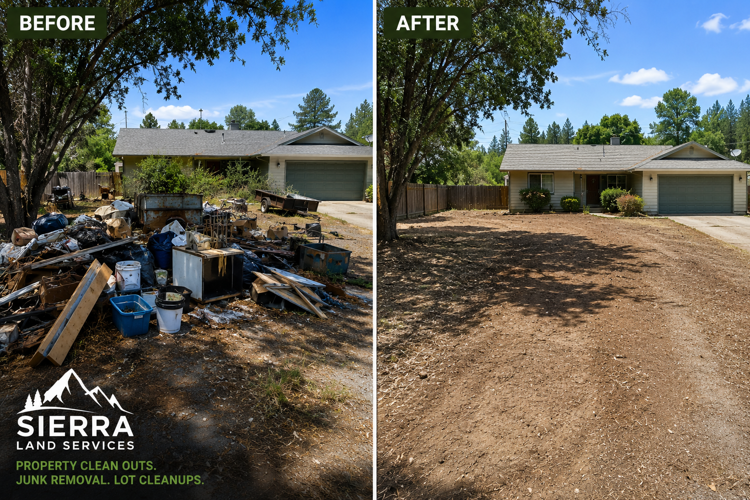Before and after property cleanout — junk removal and lot cleanup in Butte County by Sierra Land Services